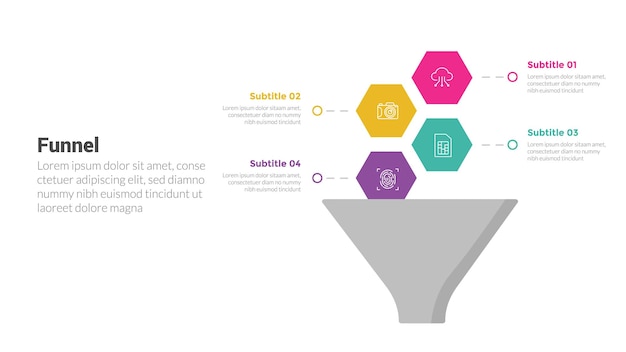 Diagramma modello di infografica a forma di imbuto con nido d'ape e imbuto in pila verticale e 4 punti passo design creativo per presentazione di diapositive vettoriale