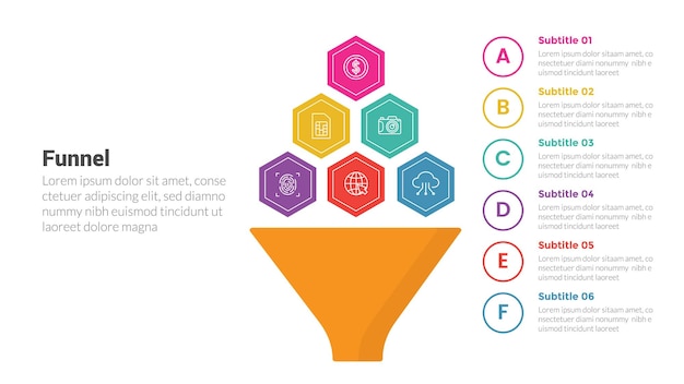 Diagramma modello di infografia a forma di imbuto con forma di nido di miele in cima imbuto e 6 punti passo progettazione creativa per presentazione di diapositive vettoriale