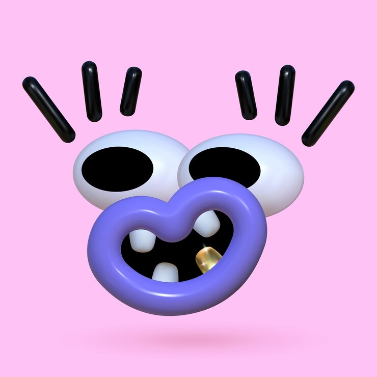 Vector funny 3d face a playful inflatable character with a wide smile and a metal gold tooth trendy sticker with big lips eyes and eyebrows