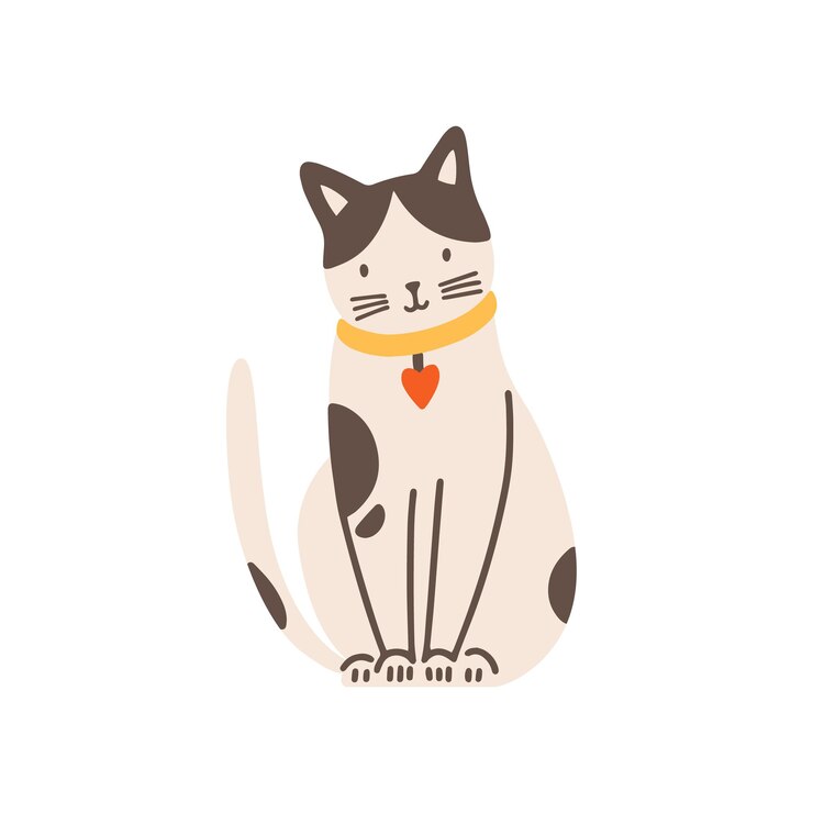 Funny adorable spotted cat isolated on white background. Cute funny domestic animal or pet. Adorable sitting kitty or pussycat with chocker. Colorful vector illustration in flat cartoon style.