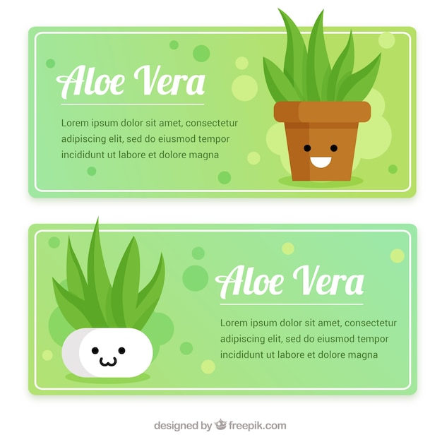 Funny aloe vera banners with flowerpots