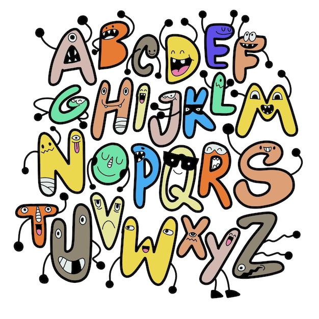 Funny alphabet characters capital letters alphabet cartoon illustration