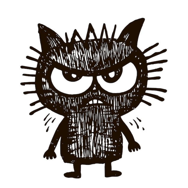 Funny angry cat hand drawn image on white background line art vector illustration cartoon style