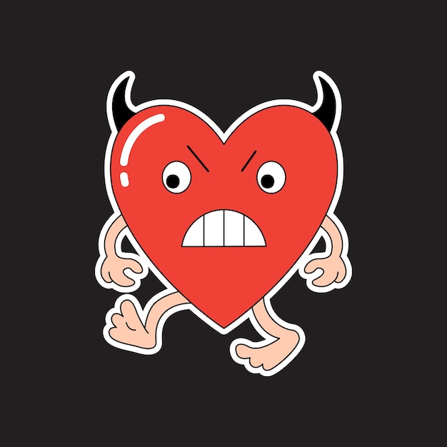 Funny angry heart sticker with horns in retro comics style Cartoon vector character