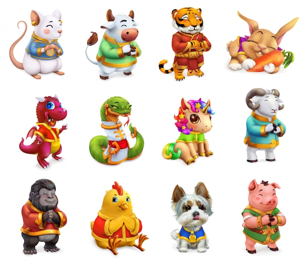 Animale divertente nello zodiaco cinese, ratto, bue, tigre, coniglio, drago, serpente, cavallo, pecora, scimmia, gallo, cane, ig. calendario cinese, set di icone 3d