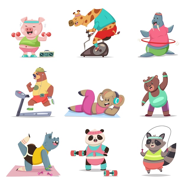 Vector funny animals doing exercise. fitness and healthy lifestyle. cute cartoon character set