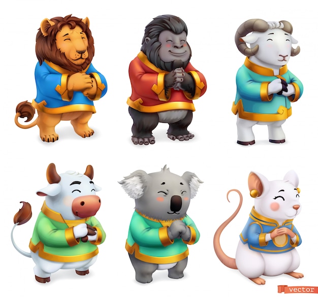 재미있는 동물. 사자, 고릴라, 램, 황소, 코알라, 마우스. 3d 아이콘 세트