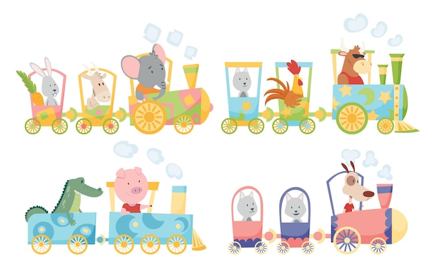 Funny animals in locomotive illustration design