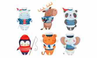 Vector funny animals sailors wearing striped vest and peakless hat vector set