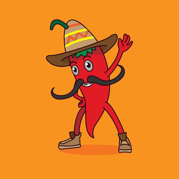 Vector funny animated mexican chili in bright hat.