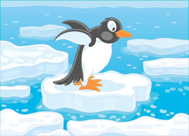 Vettore divertente pinguino antartico su un lastrone di ghiaccio alla deriva in un mare polare