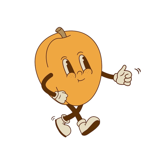 Funny apricot mascot isolated on white background Smiling retro cartoon peach fruit character