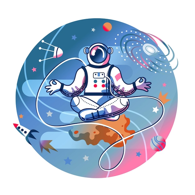 Funny astronaut meditating in space man in spacesuit sitting in calming lotus position