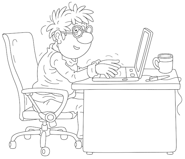 Funny author writing his story on a laptop in his studio black and white vector cartoon