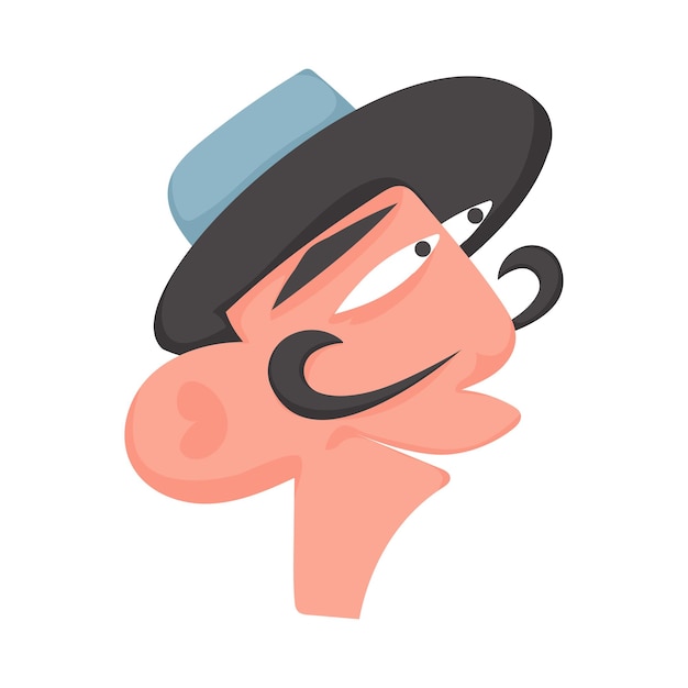Vector funny avatar of a man with a mustache and wearing a hat on a white background