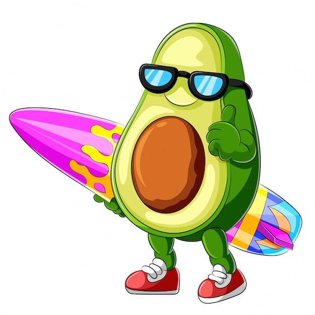 Funny avocado cartoon surfing