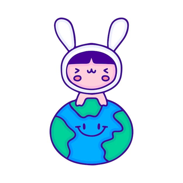 Bambino divertente in costume da coniglio con l'arte del doodle del pianeta terra, illustrazione per t-shirt, adesivo.