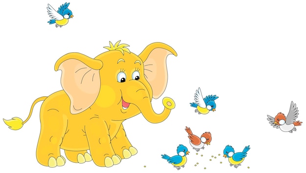 Funny baby elephant smiling and watching a merry flock of small birds fluttering around