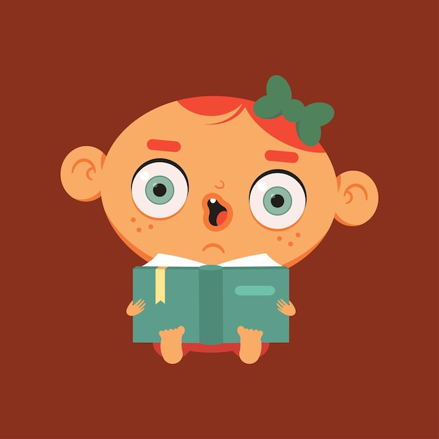 Vettore personaggio dei cartoni animati di vettore del libro di lettura della neonata divertente isolato su priorità bassa.