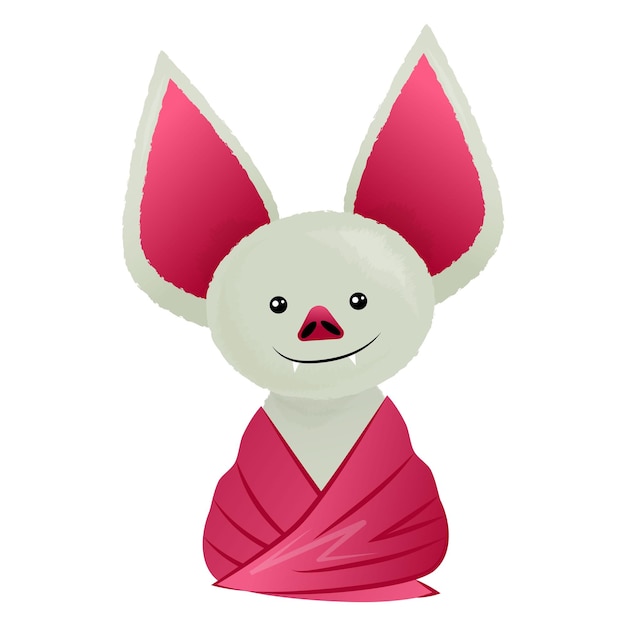 Funny bat with huge pink ears and sharp fangs Illustration in cartoon style