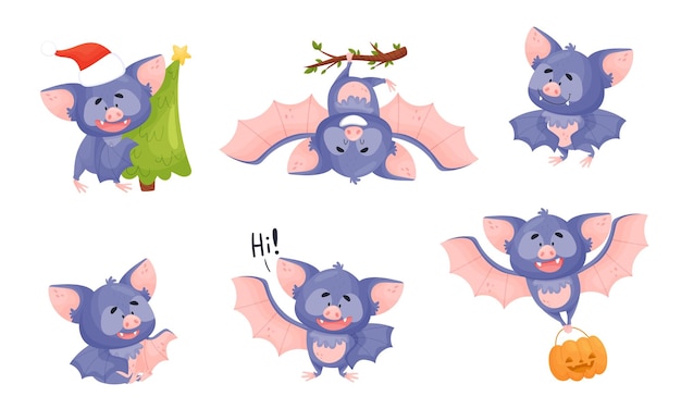 Vector funny bat with membranous wings flying and carrying fir tree vector set