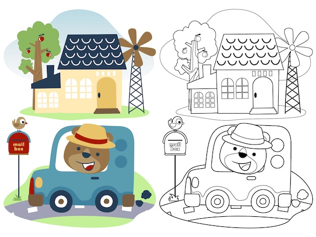 Funny bear cartoon go home with little car