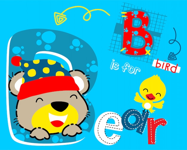 Funny bear cartoon and little bird