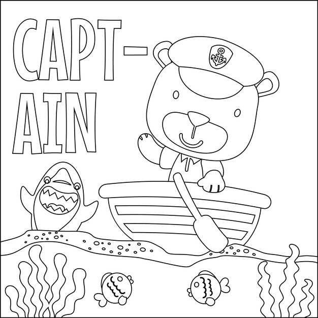 Funny bear cartoon vector on little boat with cartoon style Coloring book or page