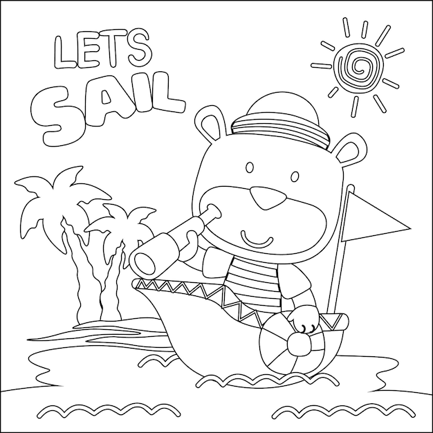 漫画のスタイルの塗り絵またはページで小さなボートに乗って面白いクマ漫画ベクトル