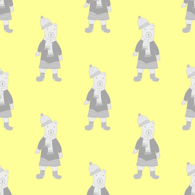 Funny bear dressed in coat scarf and cap cartoon style vector seamless pattern