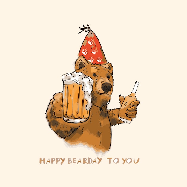 재미있는 곰 음료 맥주 생일 축하합니다.