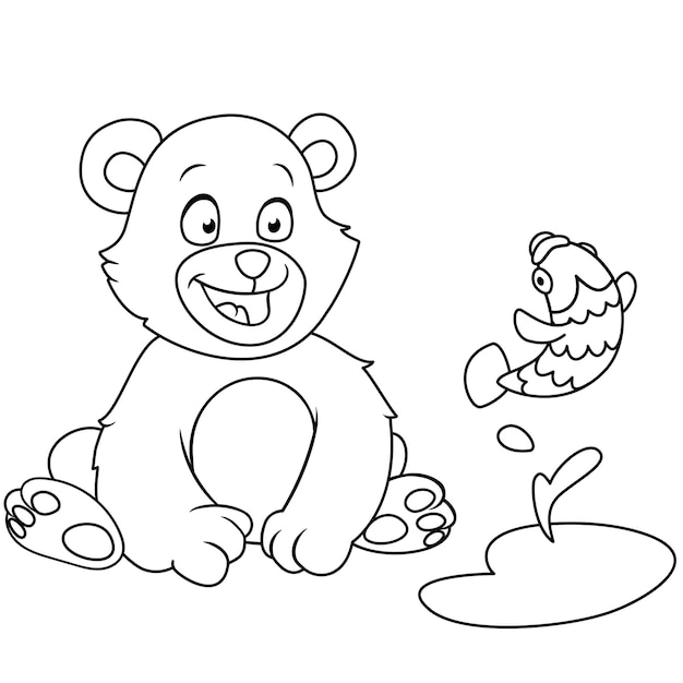 Забавный медведь смотрит на рыбу. Мультяшная раскраска для детей.