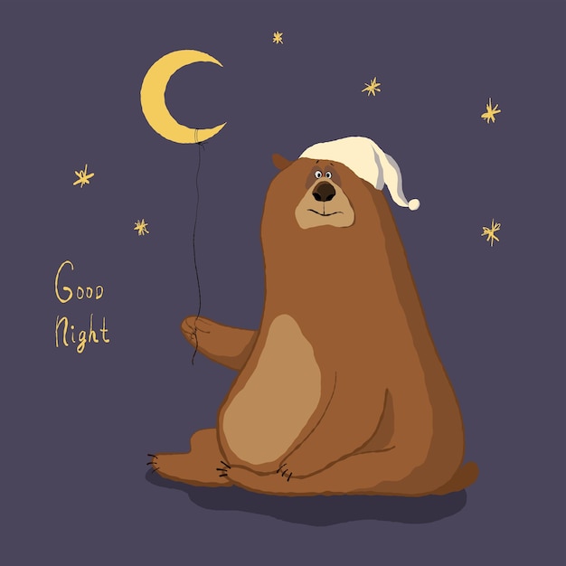 Funny bear with moon balloon good night illustration with cartoon character vector clipart