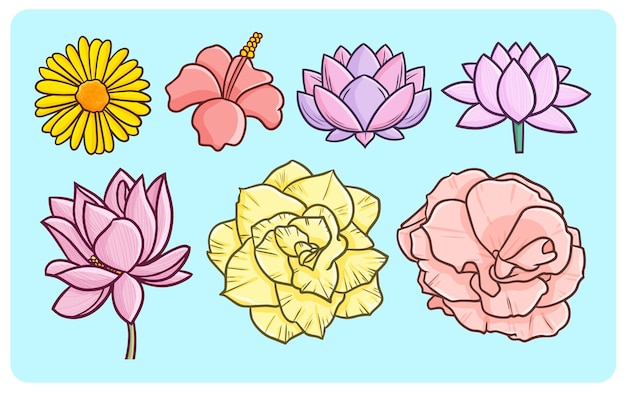 Funny and beautiful flowers in simple doodle style