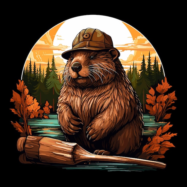 森林の森の背景ベクトルアートで丸太を持ち、木こりの帽子をかぶった面白いビーバー