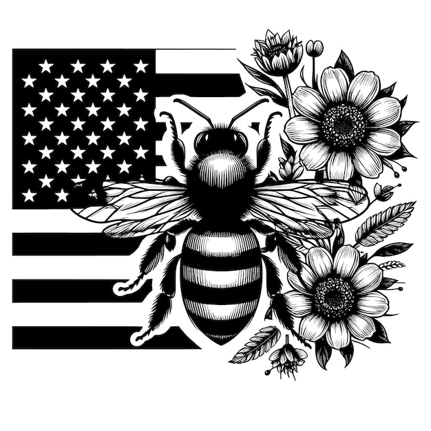 Смешная пчела половина с цветами Флаг США Векторные файлы Подарковая пчела с цветами Смешные Векторные Файлы Королева пчелы