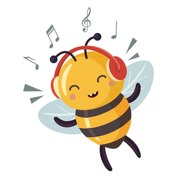 Funny bee music lover enjoys music Cartoon bee cute character in flat style Vector illustration