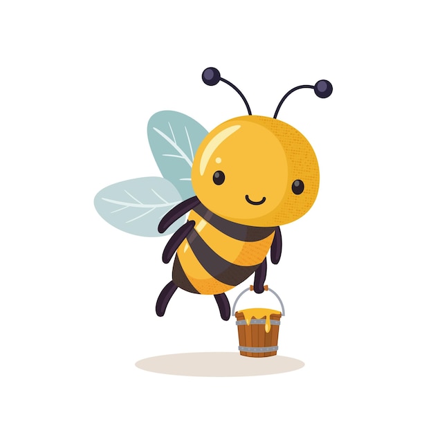 Funny bee with a full bucket of honey Cartoon bee cute character in flat style