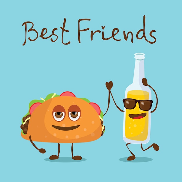 Funny best friends food characters with emotions, includes fast food and fruits, vector illustrations in flat style