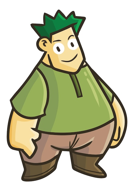 녹색 셔츠를 입은 웃긴 큰 남자 만화 일루트레이션