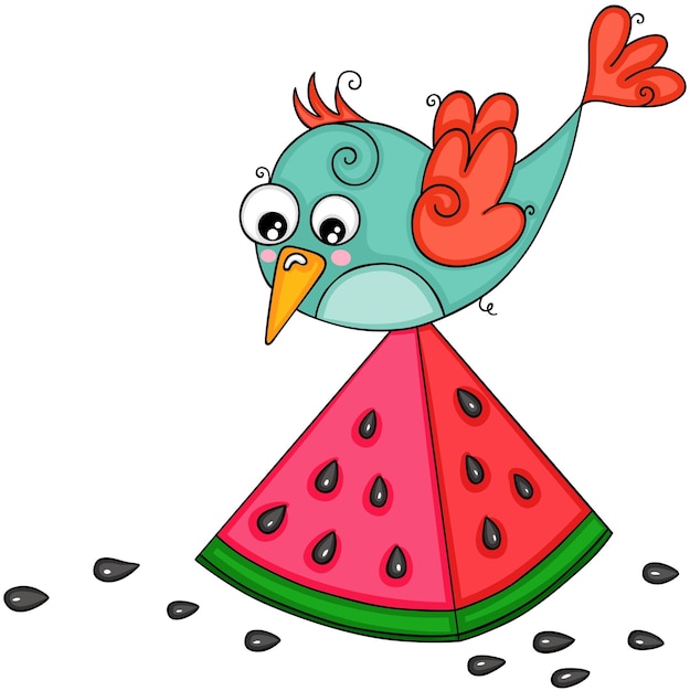 Funny bird with watermelon slice