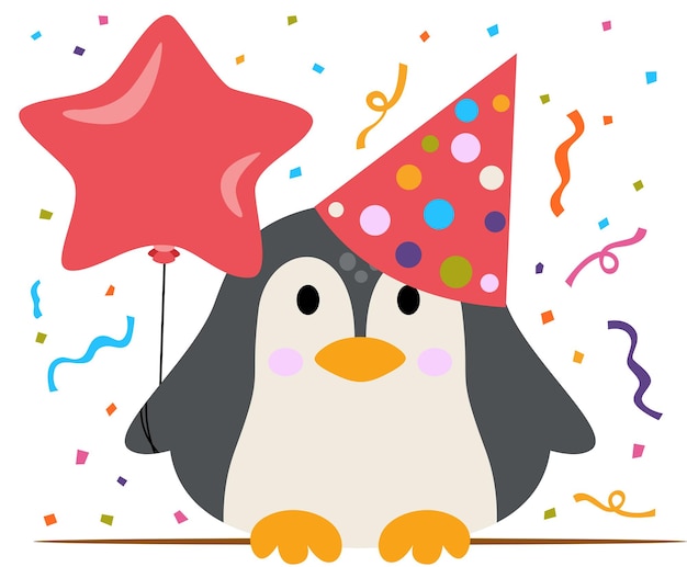 Funny birthday penguin with star balloon