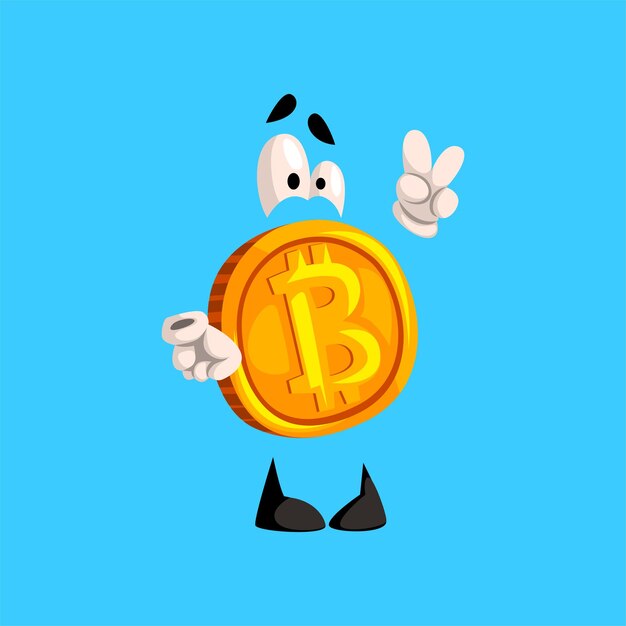 Personaggio divertente bitcoin che mostra vittoria, segno, vettore di emoticon valuta cripto illustrazione isolato su uno sfondo blu cielo.