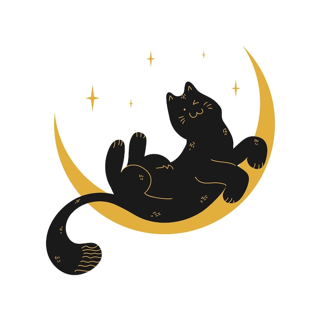 funny black cat is lying on a crescent vector illustration