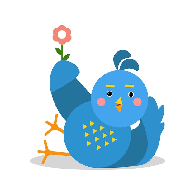 Uccello blu divertente che si trova e che tiene l'illustrazione di vettore del personaggio dei cartoni animati del fiore isolata su un background . bianco
