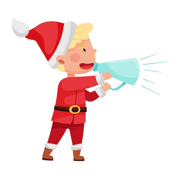 Funny boy character dressed in santa claus costume talking megaphone or loudspeaker vector