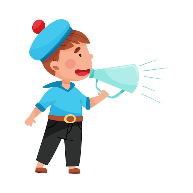 Vector funny boy character dressed in seaman costume talking megaphone or loudspeaker vector illustration