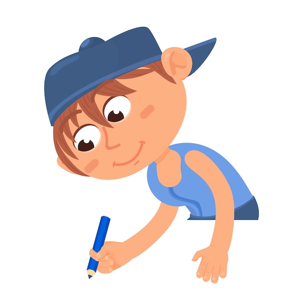 Funny boy drawing with blue pencil creative kid character