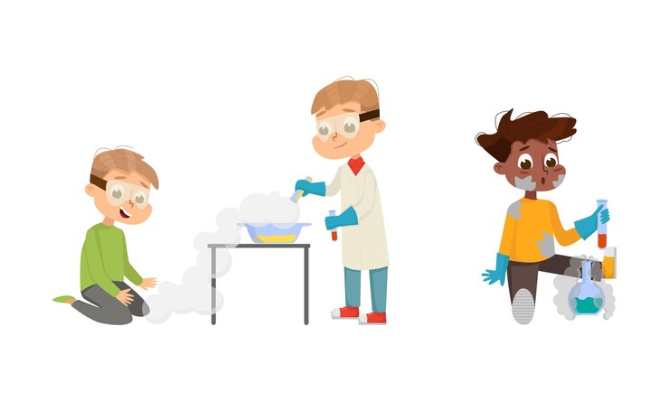 Vector funny boy in laboratory making research with chemicals in glass flask vector illustration set