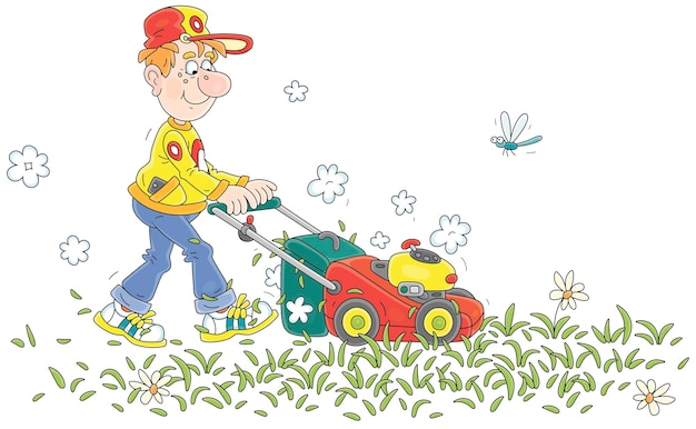 Вектор Забавный мальчик-газонокосилка с траворезом, ухаживающим за своим летним газоном